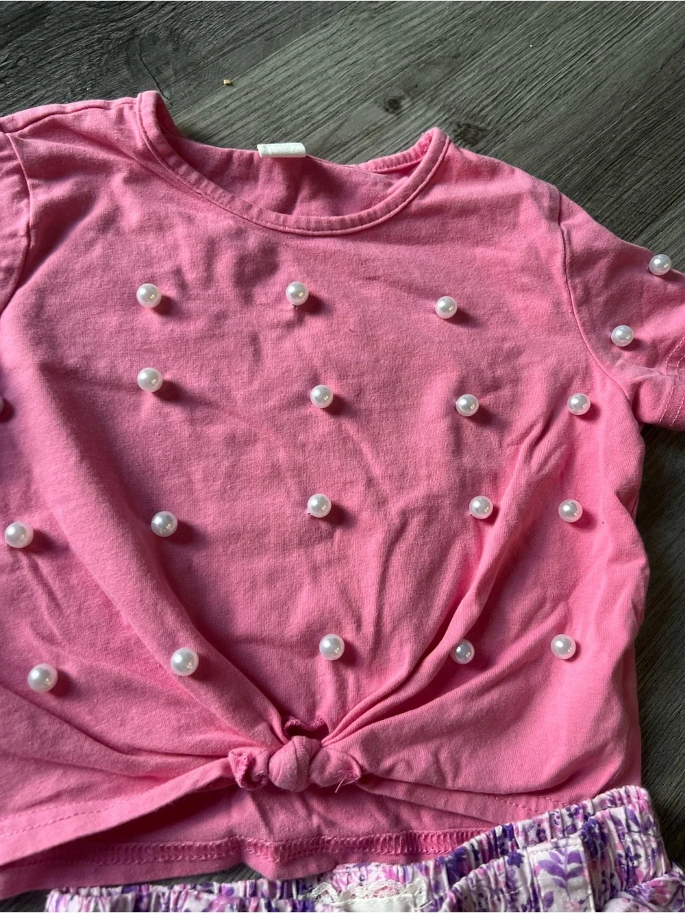 btween Pink Pearl-Embellished Knot Top with Lavender Floral Pajama Pants